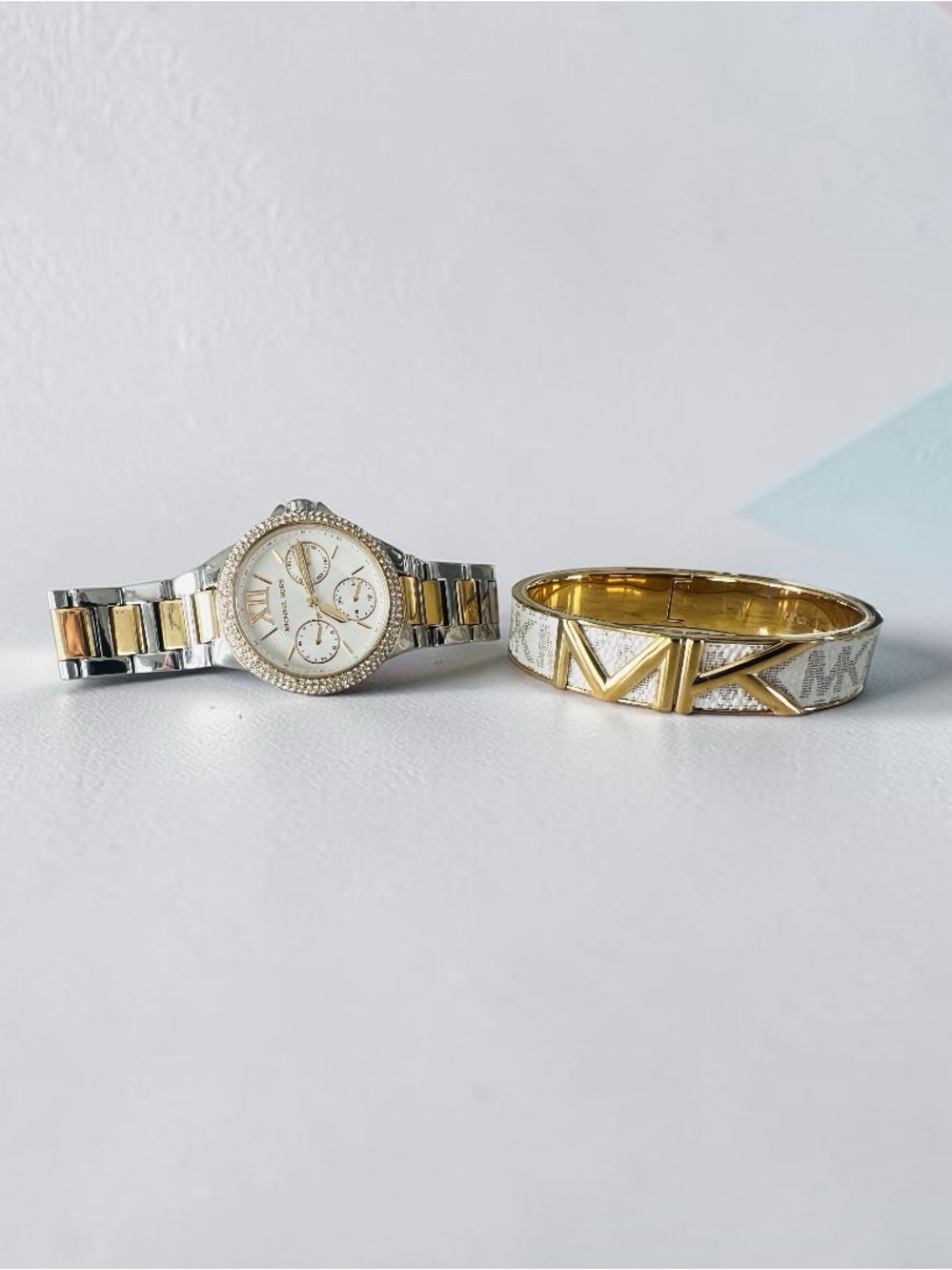 Michael Kors Camille MK6982 Two-Tone Crystal Watch + White MK Logo Bangle Stack